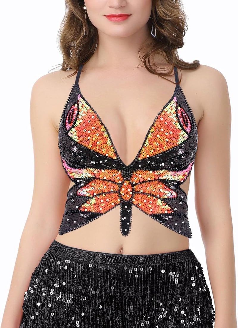Mocure Womens Glitter Sequin Butterfly Crop Top Low-Cut Tank Top Rave Tube Vest Top for Belly Dance Costume Outfits - Image 2
